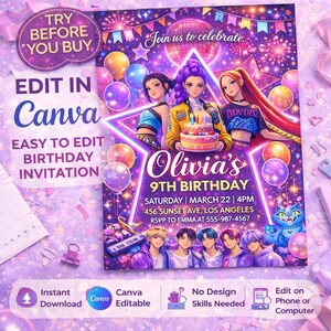 Kpop Demon Hunters birthday invitation template editable in Canva, neon anime style kids birthday party invite with colorful balloons, music theme and fantasy characters. Digital download birthday invitation for girls, Kpop party invitation template, customizable birthday invite for kids, anime birthday party decor, editable Canva invitation, instant download birthday card, neon party invitation design, Kpop themed birthday invitation for children, printable party invite template