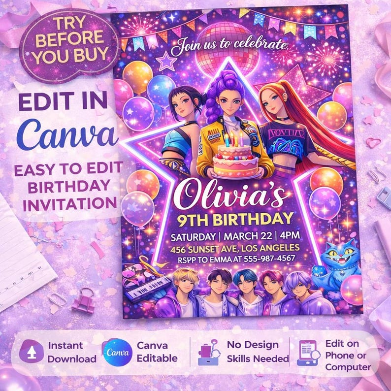 Kpop Demon Hunters birthday invitation template editable in Canva, neon anime style kids birthday party invite with colorful balloons, music theme and fantasy characters. Digital download birthday invitation for girls, Kpop party invitation template, customizable birthday invite for kids, anime birthday party decor, editable Canva invitation, instant download birthday card, neon party invitation design, Kpop themed birthday invitation for children, printable party invite template