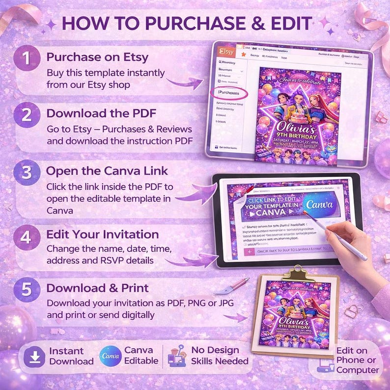 kpop Birthday Invitation | Kpop Demon Hunters Birthday Invitation | Editable Canva Template | Kpop Anime Invite | Printable Invite Card image 6