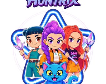 May include: A digital illustration featuring three stylized female characters with different hair colors, holding futuristic weapons, and a blue cat. The word "HUNTRIX" is at the top. The characters are inside a blue star outline.