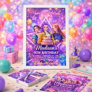 May include: A framed birthday party invitation with the text "Join us to celebrate" and "Madison's 9th Birthday". The invitation features an illustration of three anime-style characters and a cake. Party supplies, including balloons and gifts, surround the invitation.
