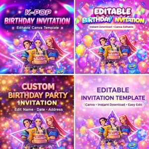 May include: Four colorful K-Pop birthday invitation templates. Each design features illustrations of anime-style characters, a cake, and balloons. Text includes "K-Pop Birthday Invitation" and "Editable Canva Template".