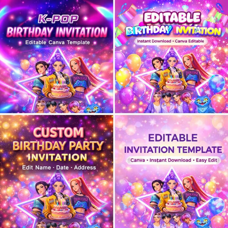 May include: Four colorful K-Pop birthday invitation templates. Each design features illustrations of anime-style characters, a cake, and balloons. Text includes "K-Pop Birthday Invitation" and "Editable Canva Template".