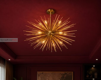 Lustre Sputnik Starburst de Meados do Século | Luminária de Teto Urchin Brass de Meados do Século com 12 Lâmpadas | Lustre Sputnik de Latão