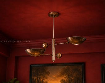Lampadario Sputnik moderno in ottone / Lampadario a sospensione a 2 luci in stile metà secolo / Lampada a sospensione di lusso per sala da pranzo, isola cucina e soggiorno