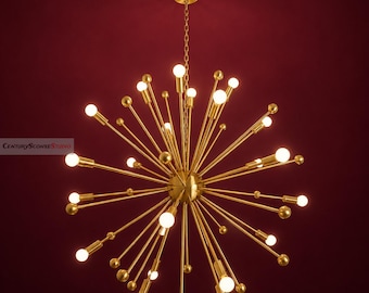 Nowoczesny mosiężny żyrandol Sputnik – duża lampa w kształcie gwiazdy z połowy XX wieku o średnicy 38 cali | Ręcznie wykonana lampa sufitowa o wyrazistym charakterze