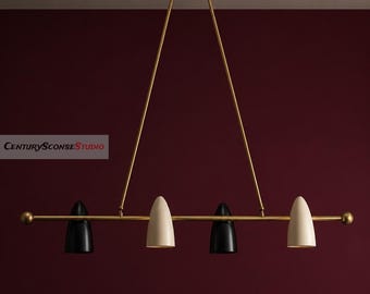 Żyrandol mosiężny w stylu mid-century modern | Lampa wisząca na 4 żarówki | Żyrandol Sputnik z kloszem stożkowym | Czarno-biała lampa sufitowa.