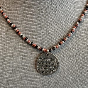Fantastic Beaded Choker Necklace w Silver Tone Pendant "Wunderlust ... Magnetic Closure