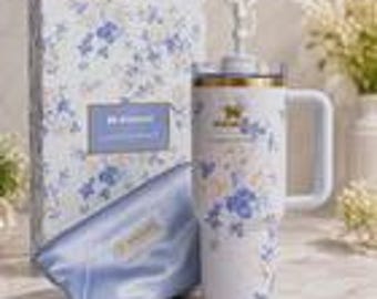 Stanley x LoveShackFancy 40 oz Quencher Ribbon Rosa Blue Floral NIB with Bow