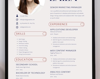 Plantilla de currículum moderna con foto, diseño de CV profesional, herramienta para la solicitud de empleo.