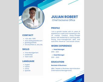 Editable CV Resume Template, Modern Executive Canva Design (Digital Download)