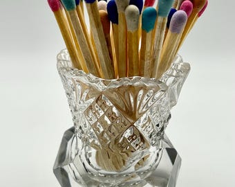 American Brilliant Cut Crystal Match Holder w/ Striker & Colored Matches