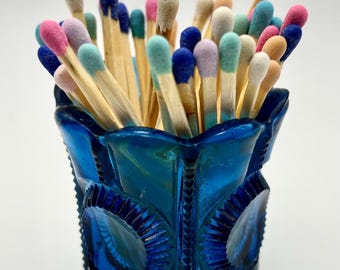 Vintage L.E. Smith Blue Glass Toothpick Holder Repurposed Match Holder w/ Striker & Matches