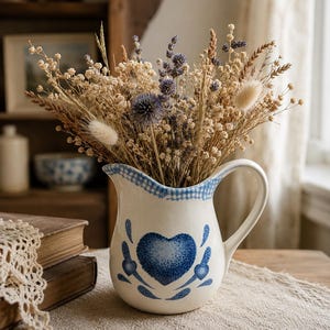 May include: A white ceramic pitcher with a blue heart design and a blue checkered rim holds a bouquet of dried flowers. The flowers include wheat, lavender, and other dried plants. The pitcher sits on a table with a lace runner.