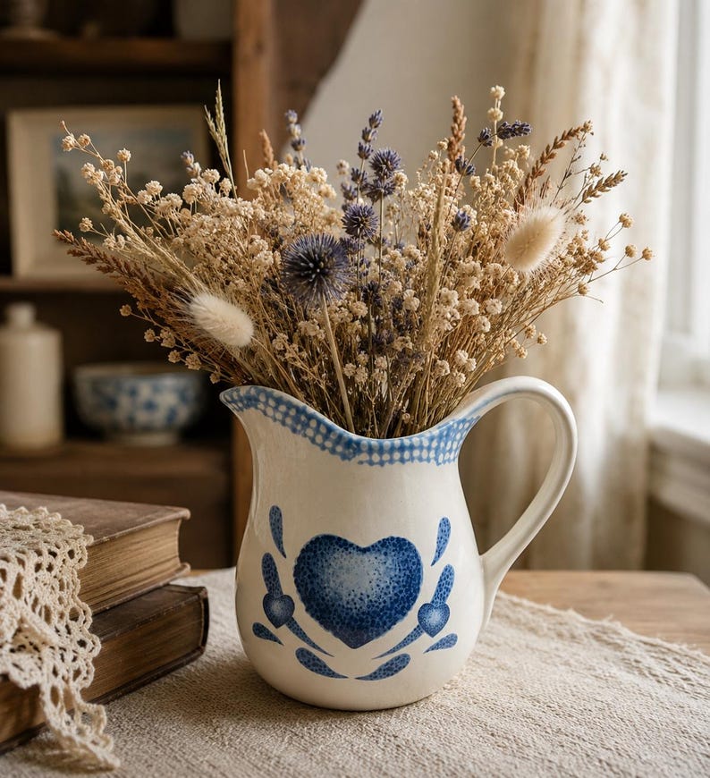 Vintage Spongeware Stoneware Pitcher – Blue Heart Pottery / Farmhouse ...