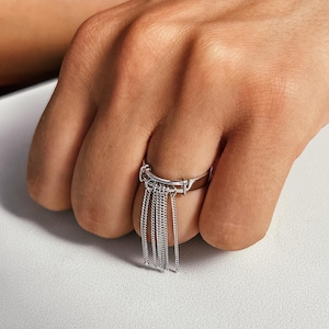 Silver Ring with Pendant: 925 Sterling Silver Dangle Ring. Adjustable Minimalist Band, Moving Charm Jewelry, Unique Aesthetic Gift for Her