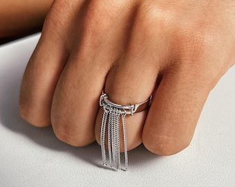 Anello in argento con ciondolo: anello pendente in argento sterling 925. Fascia minimalista regolabile, gioiello con ciondolo mobile, regalo estetico unico per lei.