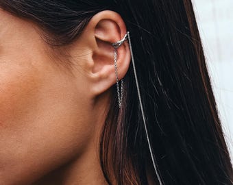 スターリングシルバーのロングチェーンイヤーカフ、ロジウムメッキ、ピアス不要の軟骨ラップ、ダングルチェーンヘリックスイヤリング、彼女へのミニマリストジュエリーギフト