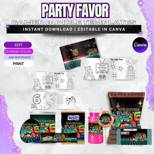 Op de afbeelding: Een digitale set met feestbedankje-sjablonen voor gamers, inclusief bewerkbare ontwerpen voor snoepverpakkingen, bellenblaasflesjes en kleurplaten. De afbeeldingen bevatten de tekst UNLOCKED LEVEL 6, gamecontrollers en rasterpatronen in neon.