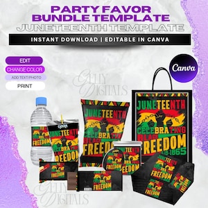 Paquete de recuerdos para fiestas de Juneteenth, plantillas editables de Canva, descarga instantánea, botellas de agua, bolsitas de jugo, bolsas de papas fritas, envoltorios de chocolate.