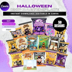Op de afbeelding: Een digitale collectie van 50 Halloween chipzak sjablonen met diverse kleurrijke illustraties van geesten, pompoenen, heksen en vampiers met de tekst Happy Halloween, Trick or Treat en Name Here, allemaal bewerkbaar in Canva voor het printen.