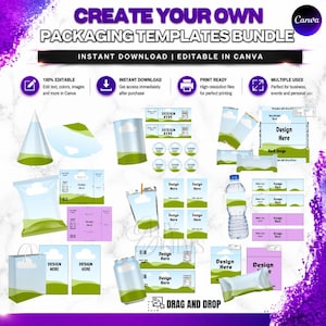 May include: A digital packaging templates bundle featuring various layouts for party favors, including chip bags, water bottle labels, candy wrappers, and gift bags. The templates display a blue sky and green grass graphic with text placeholders.