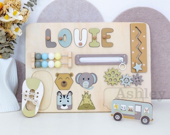 Tablero de actividades personalizado para bebés, regalo de primer cumpleaños, regalo para baby shower, juguete educativo para niños pequeños, rompecabezas de madera con nombre personalizado, juguete educativo