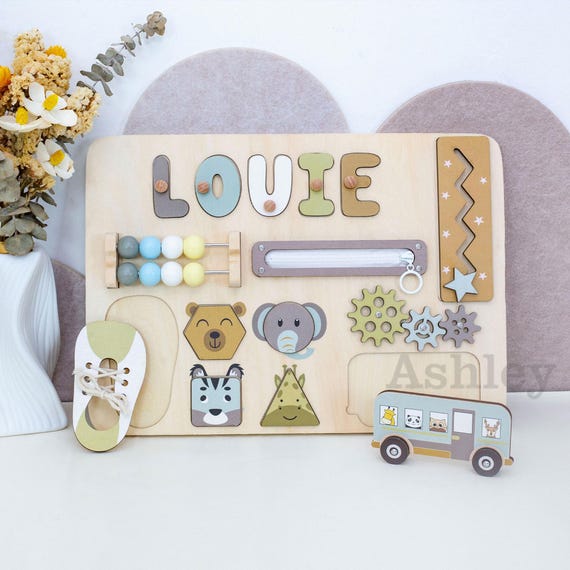 Personalized Baby Busy Board, First Birthday Gift, Baby Shower Gift, Toddler Learning Toy, Custom Wooden Name Puzzle, Educational Toy