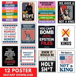 May include: A set of 12 posters with political messages and illustrations. The posters display phrases such as "No Kings," "Democracy Does Not Fear Protests," and "Warning Signs of Fascism." The designs use a palette of red, white, blue, and black.