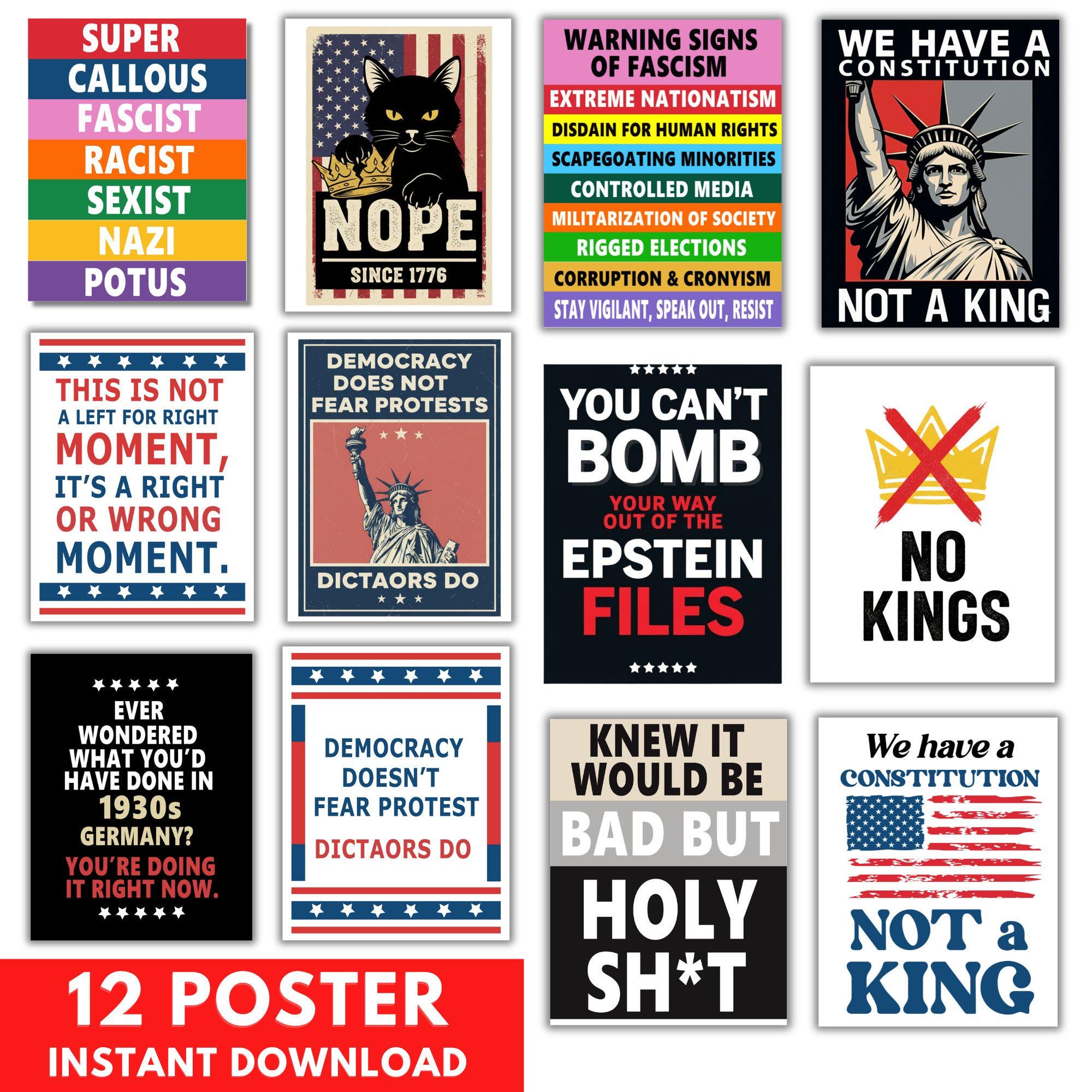 12 Printable Anti-trump Protest Sign Bundle, No Kings Posters,resist ...
