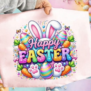 Puede incluir: Un diseño rosa con temática de Pascua con las palabras "Happy Easter" en letras de burbujas coloridas. El diseño incluye orejas de conejo, huevos decorados, zanahorias, huellas de patas y mariposas. El diseño general es brillante y alegre.