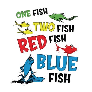 Może przedstawiać: Kapryśna ilustracja z tekstem "ONE FISH TWO FISH RED FISH BLUE FISH". Obraz przedstawia kreskówkowe ryby w kolorach zielonym, żółtym, czerwonym i niebieskim na białym tle, przypominające książkę dla dzieci.