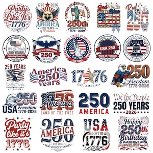 Peut inclure: Ensemble de motifs patriotiques célébrant le 250e anniversaire de l'indépendance américaine. Les motifs présentent des aigles, des drapeaux, des étoiles et des textes tels que "250 Years of Freedom" et "1776-2026". La palette de couleurs comprend le rouge, le blanc et le bleu.