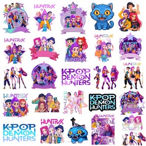 May include: A collection of colorful K-Pop themed graphics. The designs feature stylized illustrations of female characters, stars, ribbons, and the text "HUNTRAX" and "K-POP DEMON HUNTERS". A blue cat graphic is also included.