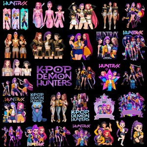 Pode incluir: Uma cole&ccedil;&atilde;o de ilustra&ccedil;&otilde;es digitais com personagens femininas estilizadas em v&aacute;rias poses e roupas. As imagens incluem o texto "HUNTRAX" e "K-POP DEMON HUNTERS" em uma variedade de fontes e cores, em um fundo preto.
