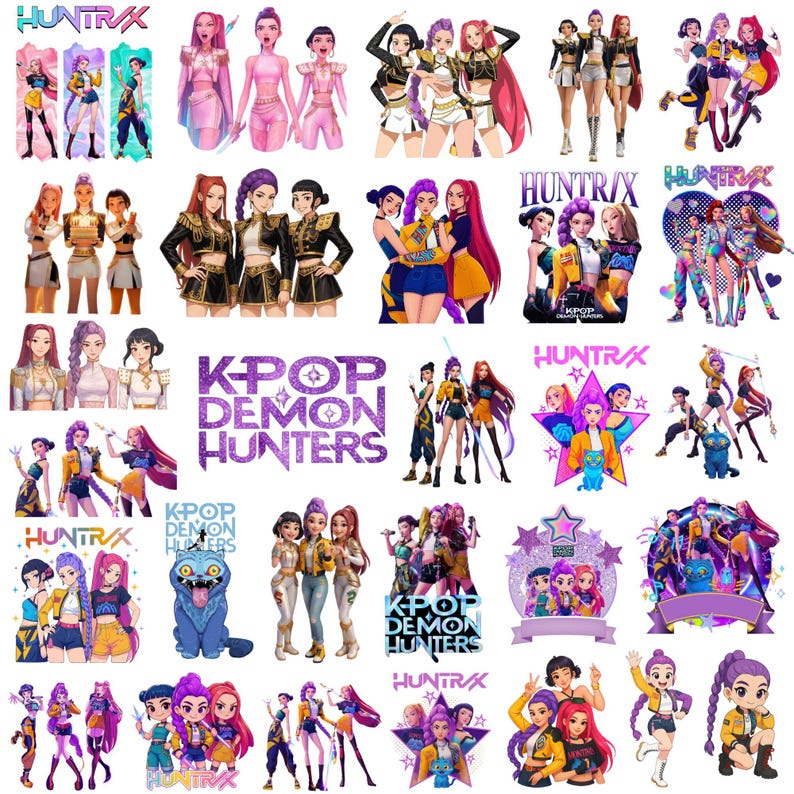 Kpop Demon Hunter PNG SVG, Camiseta de Grupo de Ídolos Kpop, Design PNG Huntrix, Bandas Saja Boys Girls PNG, Fãs de Huntrix, Download Digital imagem 1