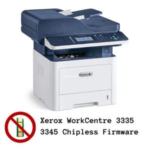 Puede incluir: Impresora Xerox WorkCentre 3335 blanca y azul marino. La impresora tiene un escáner de superficie plana y una bandeja de papel. El texto "Xerox WorkCentre 3335 3345 Chipless Firmware" se muestra debajo.
