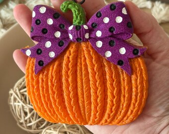 Knitted 3D Pumpkin with Bow Car Freshener, Freshie