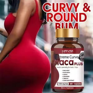 May include: A woman in a red dress stands next to a bottle of "maca PLUS" dietary supplement. The bottle is brown with a gold cap and features text including "Extreme Curve" and "made specialty for butt / hips."