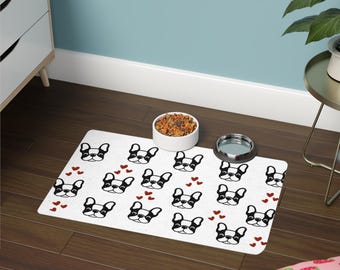 French Bulldog Pattern Pet Food Mat | Paw Print Hearts 12x18