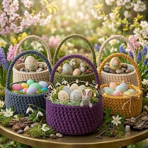 May include: Five colorful crochet Easter baskets filled with decorated eggs, grass, and a small bunny figurine. The baskets are in shades of blue, green, purple, and yellow, with rope handles. The scene is set outdoors with flowers in the background.