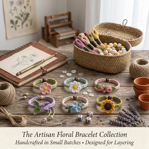 May include: A collection of handcrafted floral bracelets in various colors, including pink, green, and blue, with flower and leaf designs. The bracelets are displayed on a wooden surface with craft supplies and the text "The Artisan Floral Bracelet Collection".