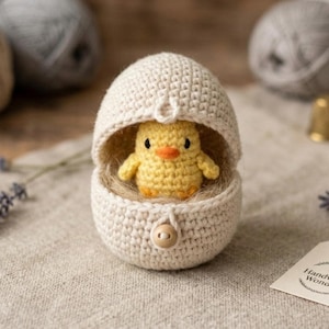 Könnte beinhalten: Ein cremefarbenes gehäkeltes Eierschalen-Objekt mit Knopfverschluss, in dem sich ein gelbes Küken mit orangefarbenem Schnabel befindet. Das Küken sitzt auf braunem Garn. Im Hintergrund befinden sich Wolle und ein kleines Etikett.