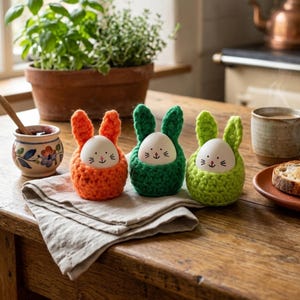 Op de afbeelding: Drie gehaakte eierwarmers in oranje, groen en limoengroen, elk in de vorm van een konijn met lange oren. De eieren hebben met de hand getekende konijnengezichten. De eierwarmers staan op een houten tafel met een linnen servet, een potje jam en een potplant.