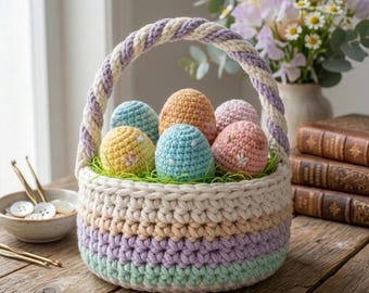 Padrão de cesta de Páscoa em crochê | Ovos de amigurumi salpicados, decoração de primavera em tons pastel (download em PDF)