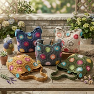 Op de afbeelding: Vijf handgemaakte gehaakte tassen en containers in verschillende kleuren, waaronder blauw, grijs, bruin en groen. Elk stuk heeft een zeshoekig patroon met kleurrijke bloemaccenten en knoopsluitingen. De tassen hebben handvatten en worden op een houten tafel getoond.