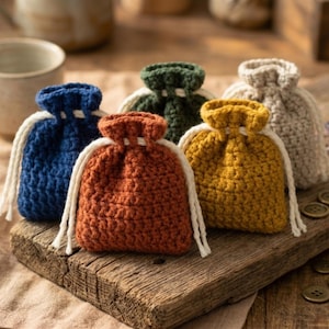 Op de afbeelding: Vijf handgemaakte gehaakte trekkoordzakjes in blauw, oranje, groen, geel en beige. Elke tas heeft een wit trekkoord en wordt gepresenteerd op een rustiek houten oppervlak. De tassen zijn klein en lijken gemaakt van een dik garen.
