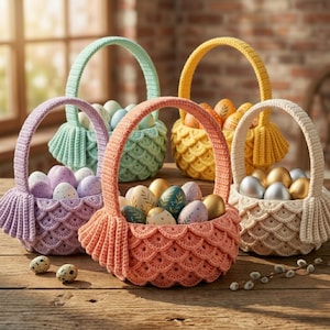 May include: Five colorful crochet Easter baskets filled with decorated eggs. The baskets are in shades of lavender, coral, mint green, yellow, and cream. The eggs have various patterns and colors, including gold, silver, and pastel hues. The baskets sit on a wooden surface.
