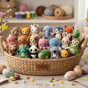 Könnte beinhalten: Ein Weidenkorb voller farbenfroher, gehäkelter Tierfiguren. Die Auswahl umfasst einen Bären, Löwen, Einhorn, Elefanten, Pinguin, Fuchs, Kaninchen, Eule, Frosch, Panda, Koala, Biene und mehr. Der Korb steht auf einer Holzoberfläche mit dekorativen Ostereiern.