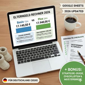 Rekenmachine voor ouderschapsuitkering 2026 & Financieel planner voor baby's | Google Sheets-sjabloon | Budgetpakket voor ouderschapsverlof (Duits)